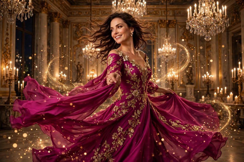 Idea to scene cover art: woman in a fuchsia evening gown in a grand ballroom