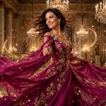 Idea to scene cover art: woman in a fuchsia evening gown in a grand ballroom